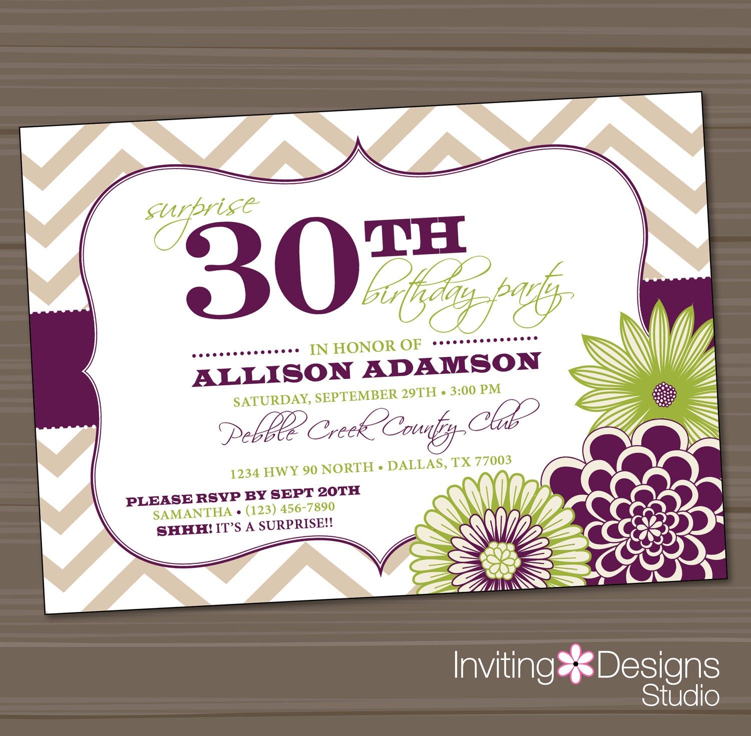 Birthday Party Invitation, 20th, 25th, 30th, 40th, 50th, Purple, Green, Surprise, Chevron - Customize your Colors (PRINTABLE FILE)