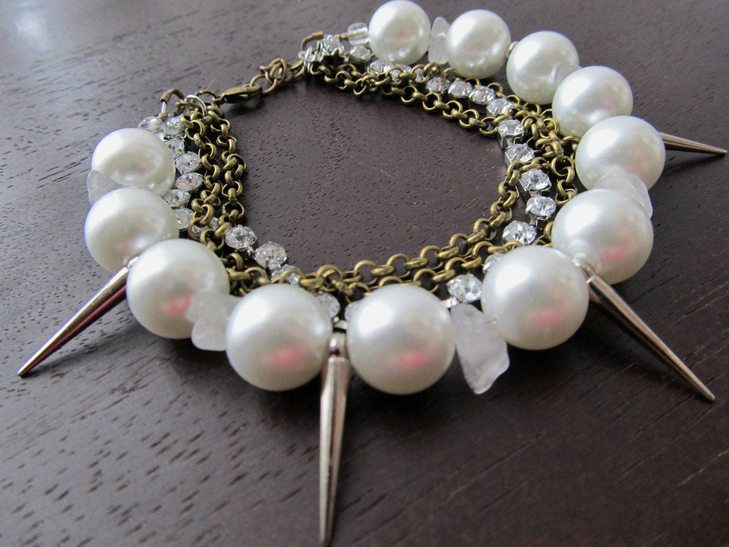 Glam Girl Industrial Chic Inspired, Pearl, Quartz,Spike, Rhinestone Chain Bracelet