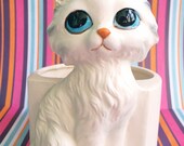 Vintage Kitsch Big Eyed Pitty Kitty Lefton Ceramic Fluffy White Kitty Cat Ceramic Planter