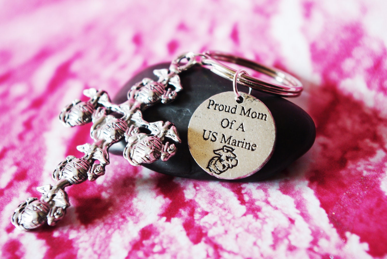 Proud Mom of a US Marine with Marine Symbol Cross Keychain