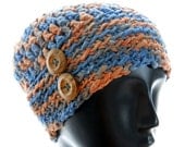 Hand-dyed cotton hat, women's crocheted beanie hat, denim and orange beanie, extra small to small hat