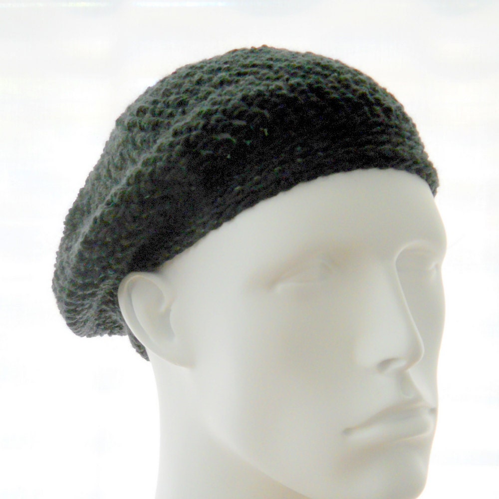 Hand crochet hat, men's or women's crochet beret, wool-blend black beret, extra small to medium hat