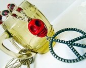 Skull Hemp Necklace, Dyed Turquoise, Handmade Paper Beads, Peace Sign Pendant  - Made to Order