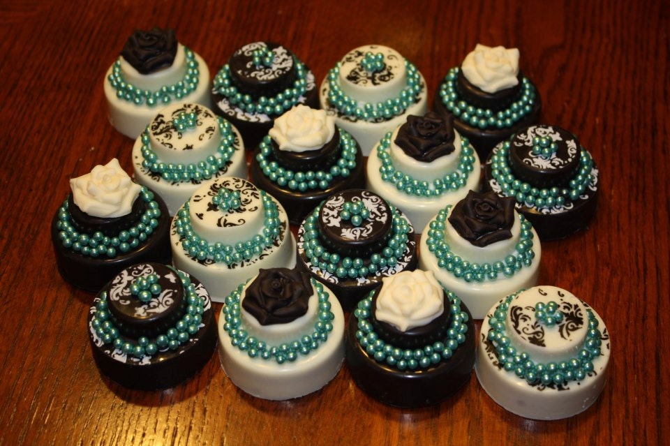 One Dozen Chocolate or Vanilla covered oreos - Wedding Cake with special design on top and Tiffany Blue Pearls