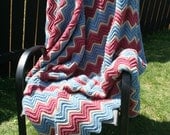 Country Ripple Zig Zag Chevron Afghan Blanket Throw in Country Blue Dusty Rose and Linen
