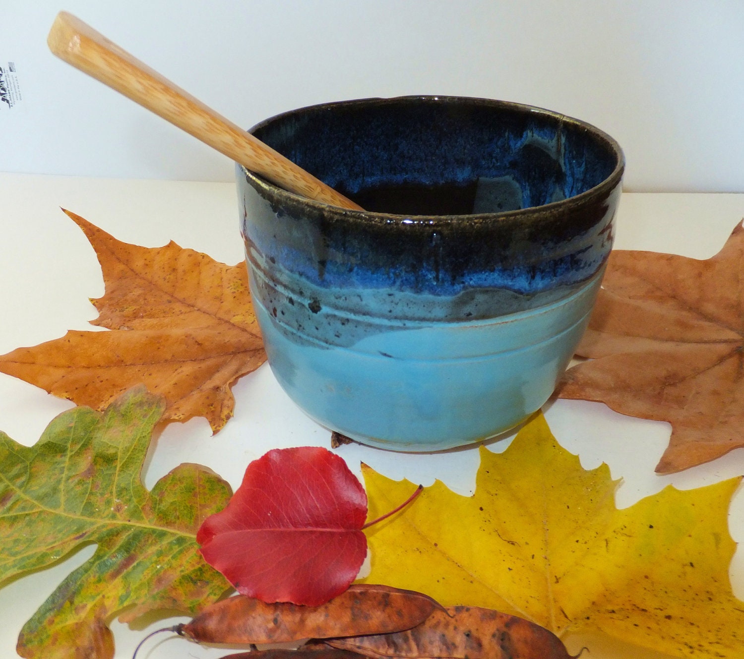 Large Ceramic Bread Bowl Blue Pottery Serving by juliegalbraith