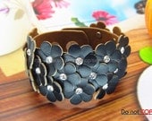 Black Soft PU Leather Flowers Multi-Crystal Adjustable Cuff Bracelet  Women Bracelet Girl Bracelet 322S