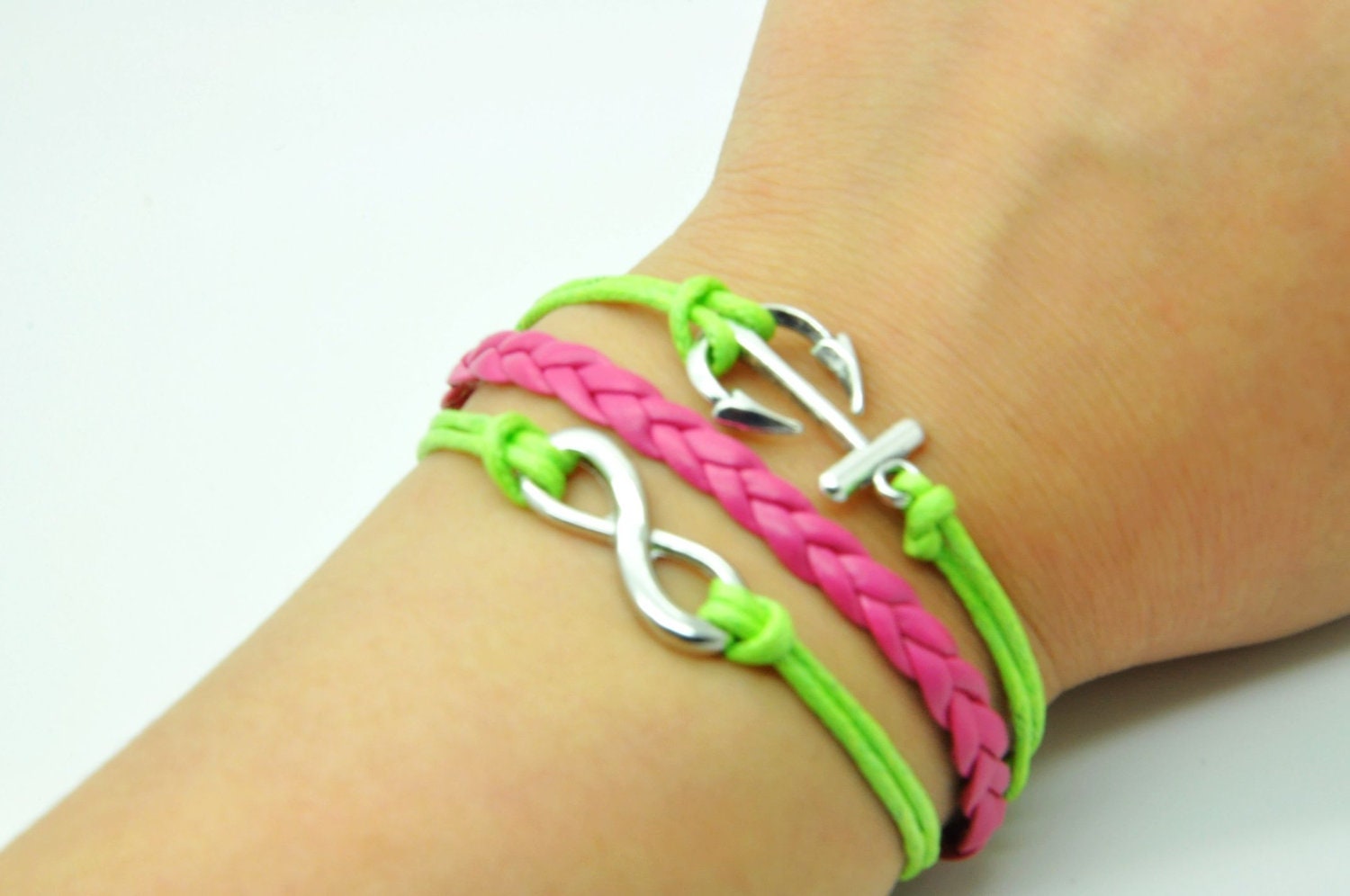 Adjustable Vintage  Green rope Pink Leather  Infinity Wish  Anchor  Bracelet  Cuff  Bracelet  Vintage bracelet  Jewelry Bangle 1239S