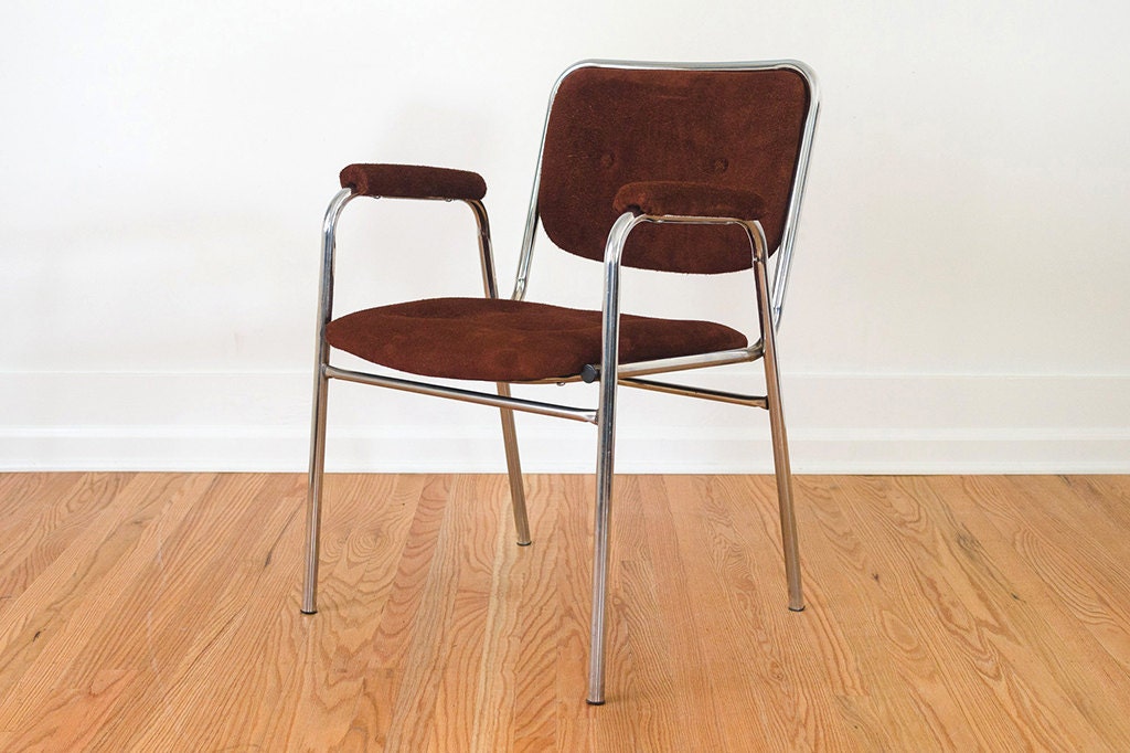 Mid Century Custom Suede Upholstered Chrome Accent Chair
