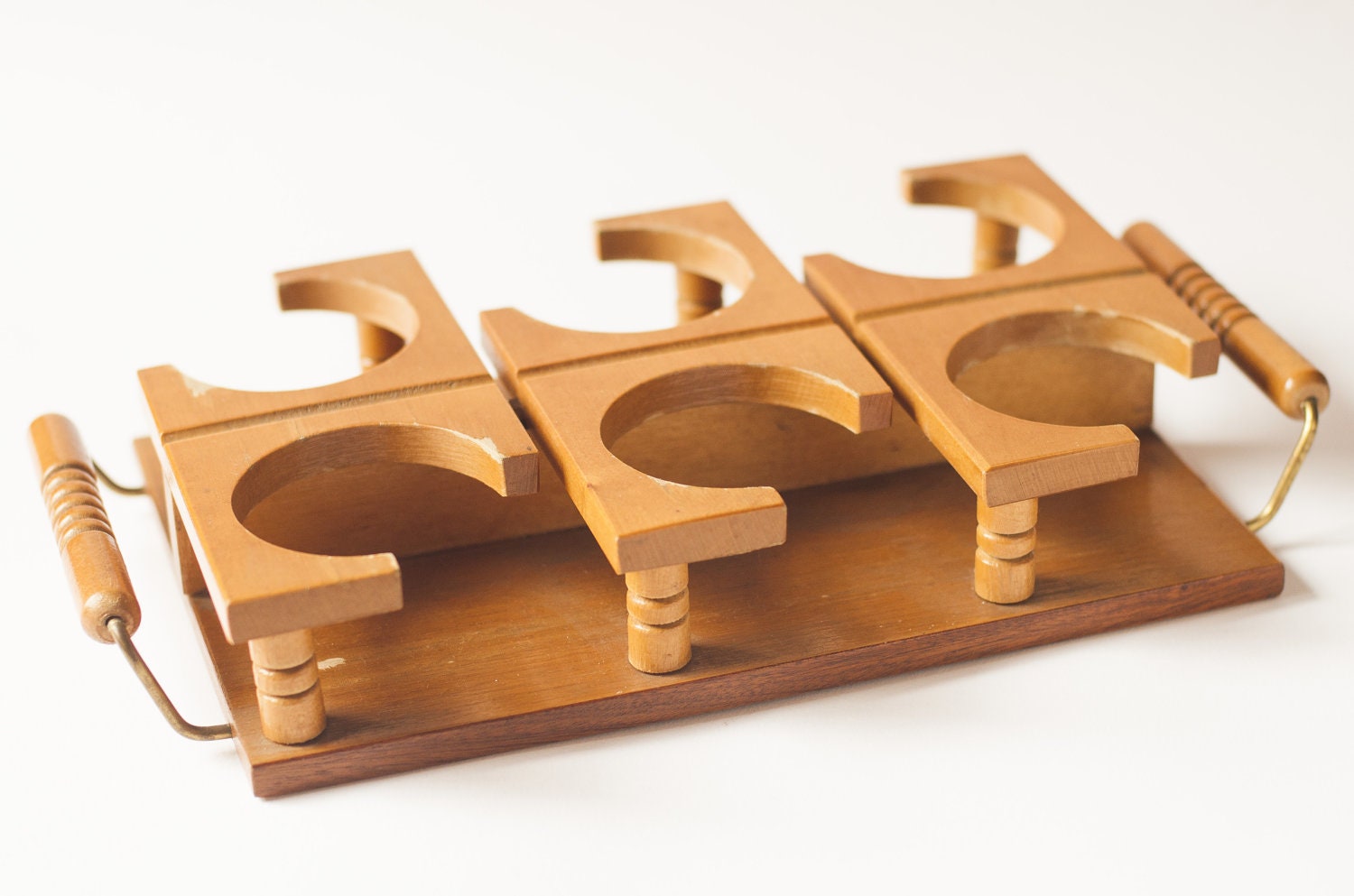 Vintage serving tray - divided wooden tray for glasses - Soviet serving tray, caramel tone