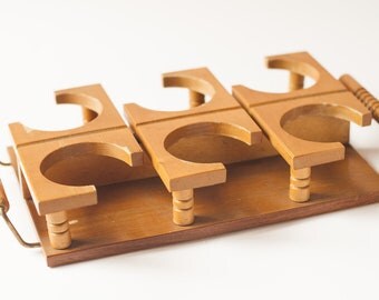 Vintage serving tray - divided wooden tray for glasses - Soviet serving tray, caramel tone