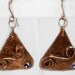 Hammered Copper Artisan Earrings, Purple crystal, Triangle with swirls
