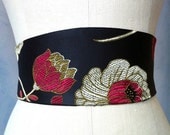 Black silk satin Obi belt sash arts and crafts engagement bridal red gold floral