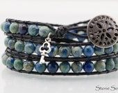 Leather Wrap Bracelet - Lapis Malachite Gemstones - Chan Luu Style