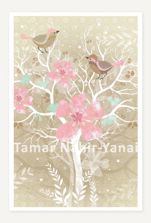 Birds Series Greeting Card - Pink flowers