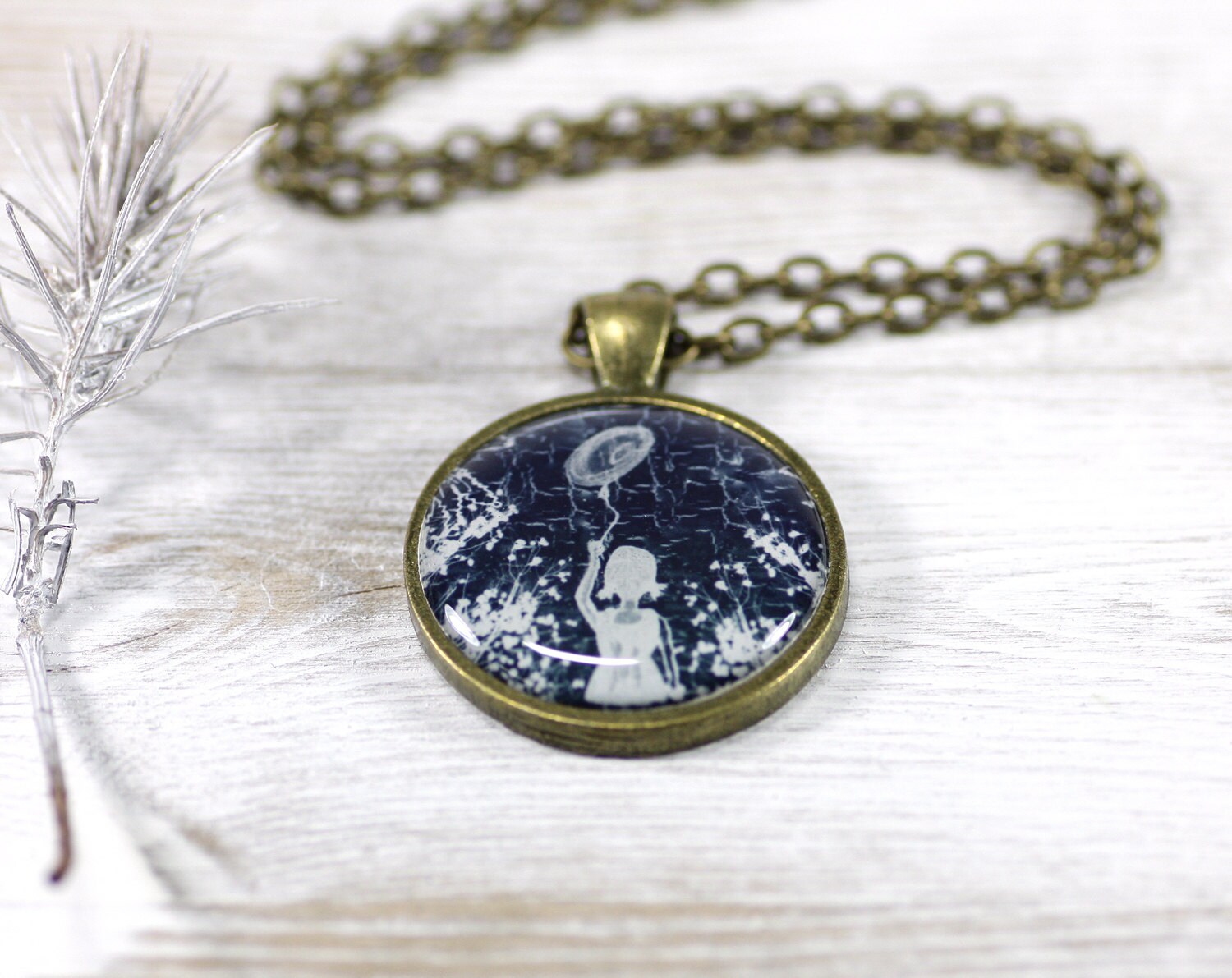 Girl with Balloon Necklace, Pendant, White and Navy Blue, Snow, Woodland (0-46N) Free shipping - CutTheFish