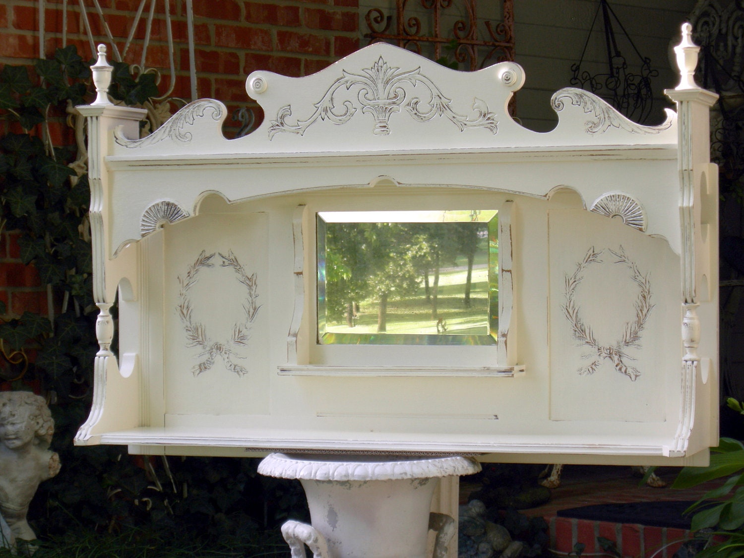 Antique MANTLE MIRROR Shelf in Shabby Chic Distressed French White Wall Header Display or Headboard Wood Furniture