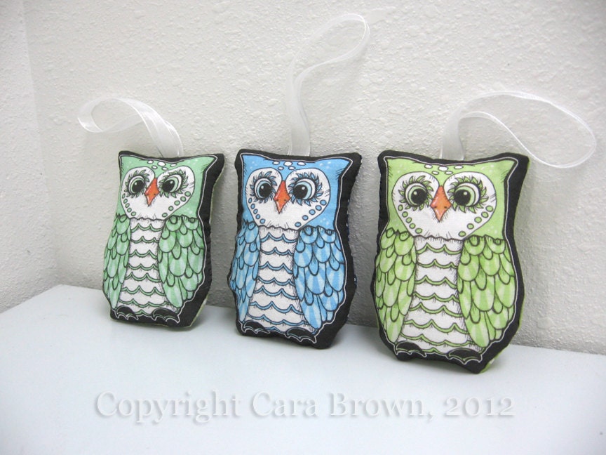 Owl Christmas Ornament Stuffed fabric art dolls set of 3 blue green tree decoration