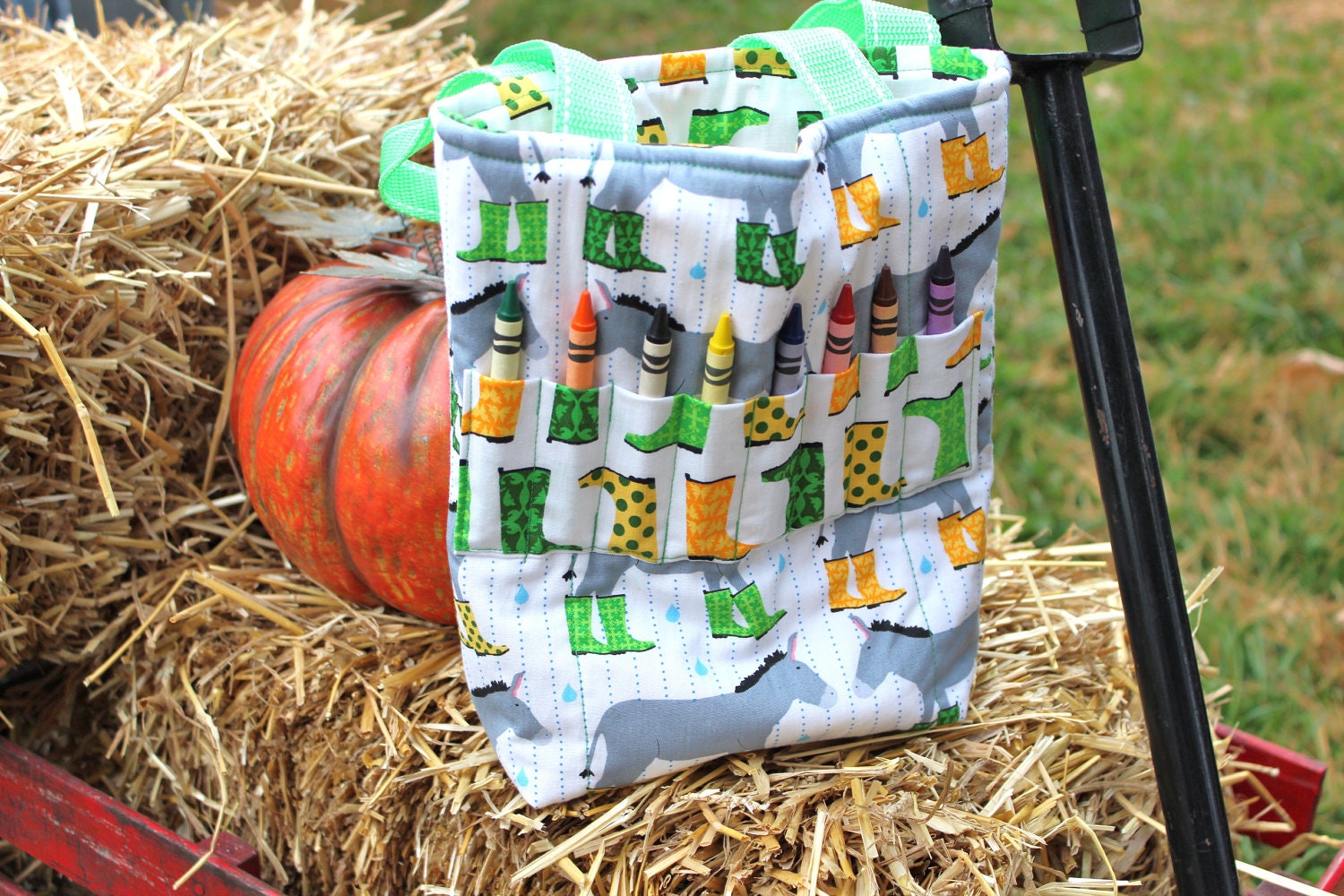 Toddler Crayon Tote- Wellies in Green Grass
