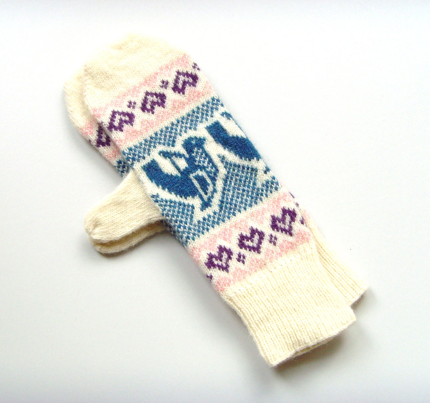 Mittens SALE Bird Mittens in Lambswool Wool Bird Motif Mittens Knitted Mittens Blue Mittens Cream Mittens Bird Gloves Animal Gloves Fairisle