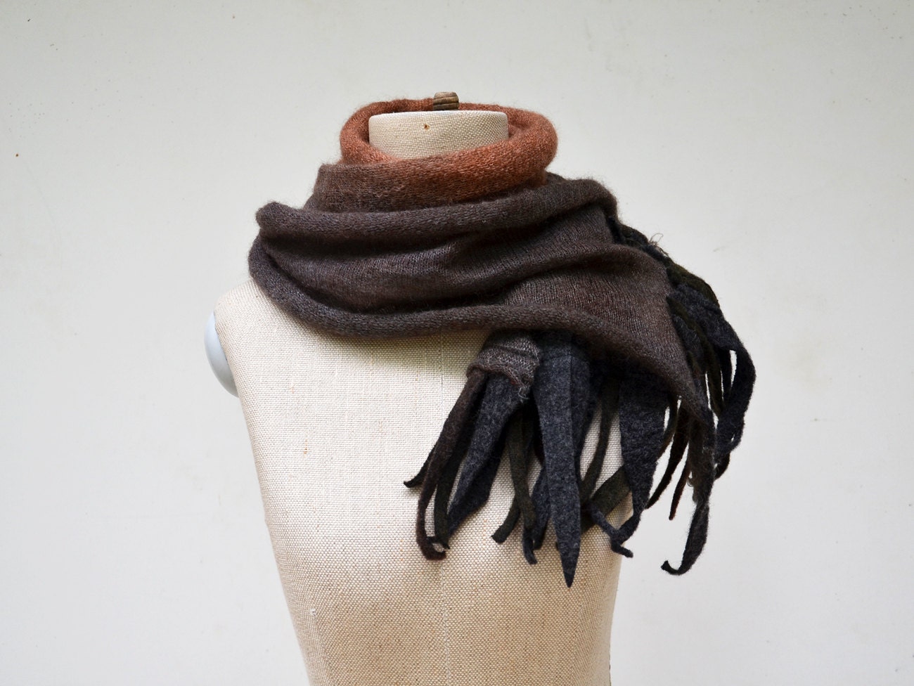 coffee brown fringe long ombre scarf Angora wool felt dread, hand dayed soft wool, delicate transparent openwork unique wearable art - ZOJKAshop