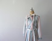 Pastel stripe dress . office fashion . 70s 80s secretary dress