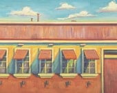 Contemporary Art by Brandy Cattoor. ACEO print of the Macaroni Grill, Denver, CO. Orange and blue windows and shadows