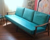 VINTAGE DANISH MODERN Sofa Lovely 1950's Mid Century Modern Furniture Lounge Style Solid Wood Teal and Walnut European Made Chicago Listing