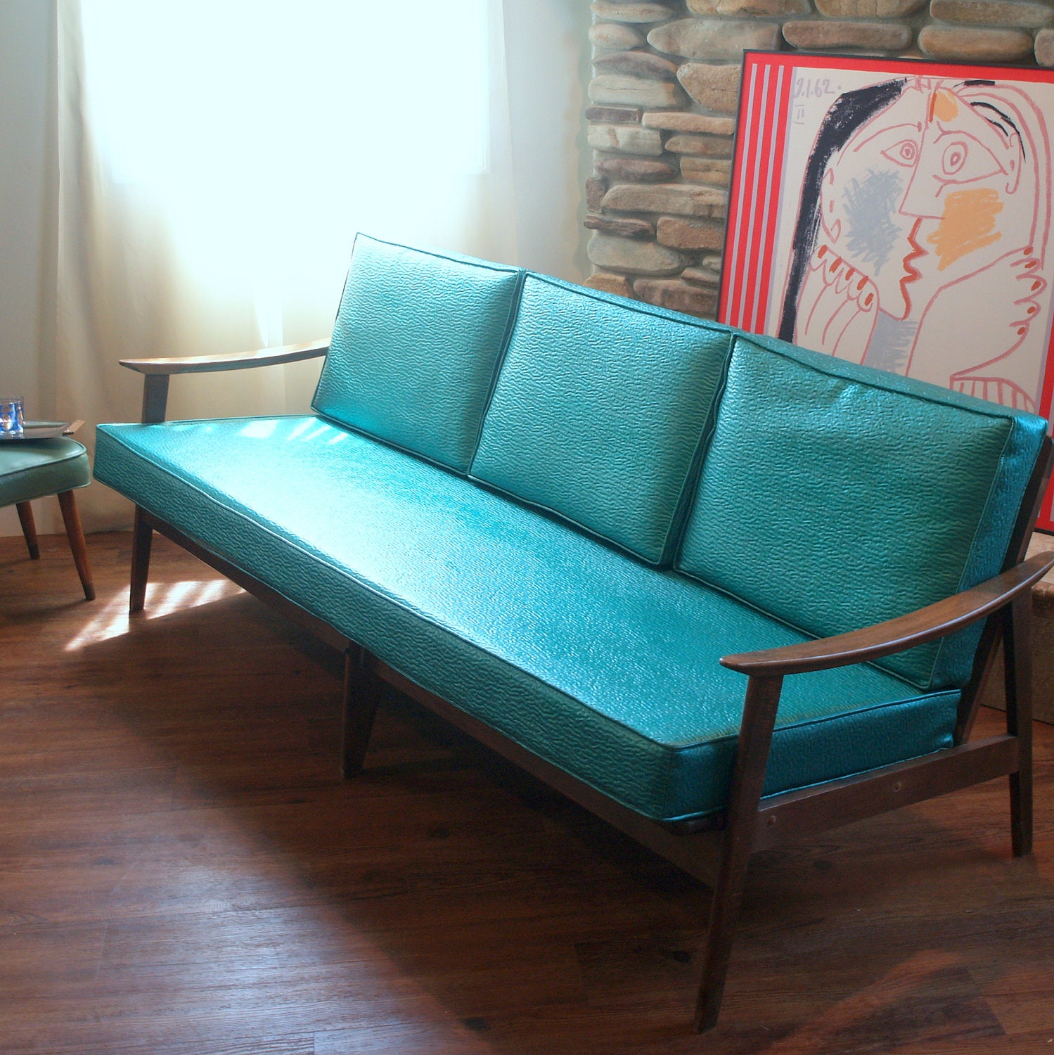 VINTAGE DANISH MODERN Sofa Lovely 1950's Mid Century Modern Furniture Lounge Style Solid Wood Teal and Walnut European Made Chicago Listing