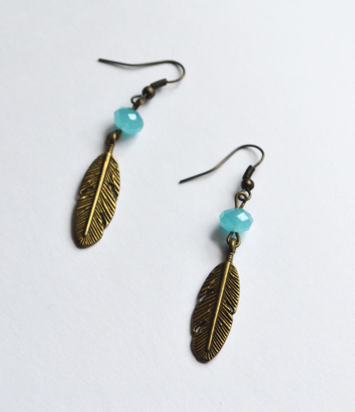 Tribal Feather Earrings. Native American Inspired Jewelry. Hippie Feather Blue Stone Jewelry