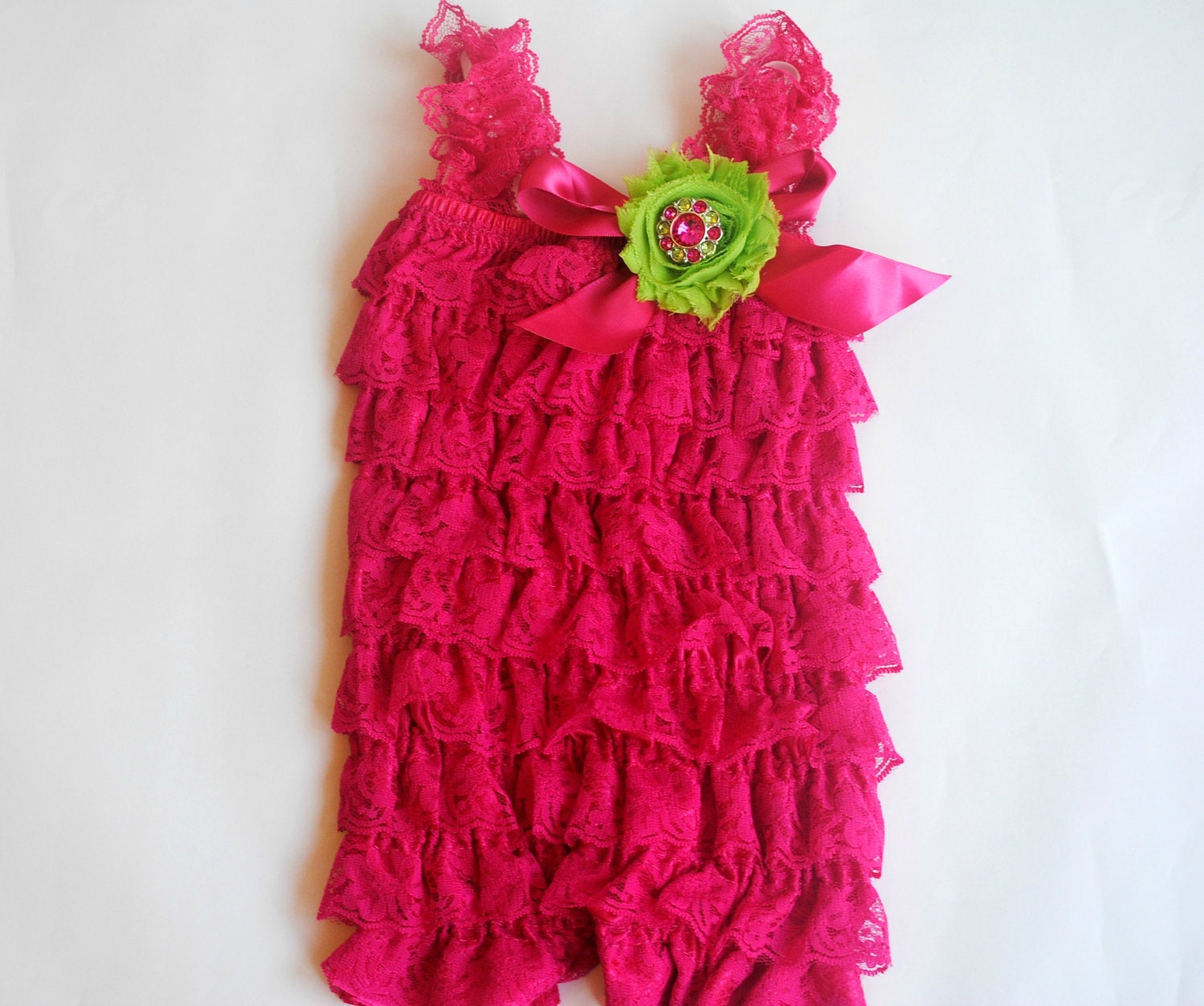 Hot Pink Lace Newborn,Toddler, Girl Baby Petti Romper Photo Prop With Removable Hair Shabby Flower Clip