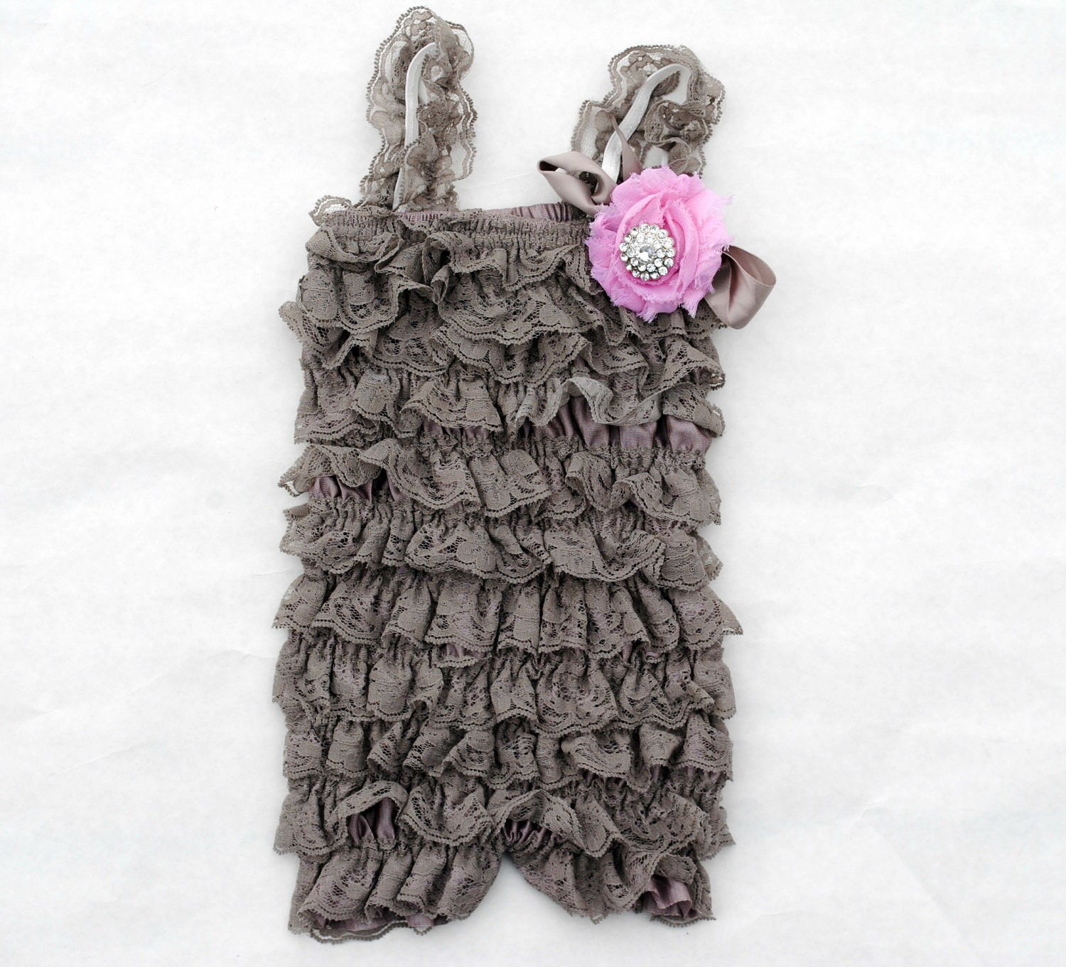 Gray Lace Newborn Baby, Toddler, Girl  Petti Romper Photo Prop With Hair Shabby Flower Clip
