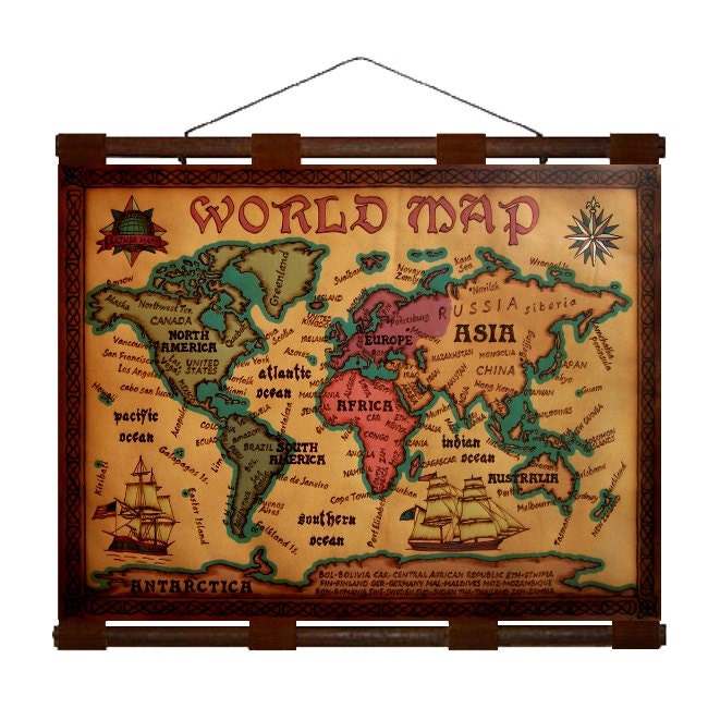 WORLD Map- Hand Burned Leather Wall Hanging -24x18 in.