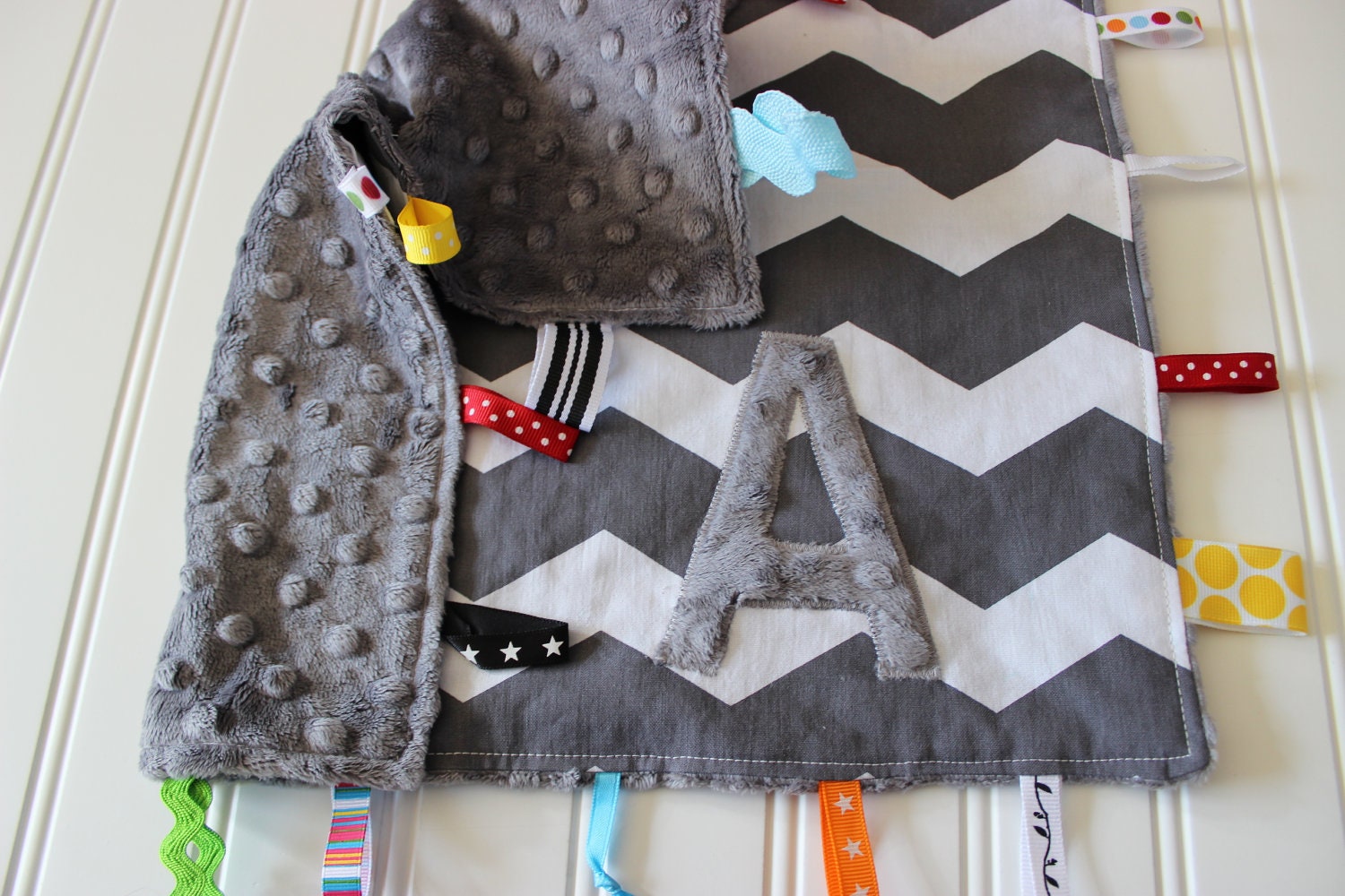 Personalized Chevron Ribbon Baby Blanket - Tag Lovie - Minky Security Blanket - Monogram Lovey Blanket