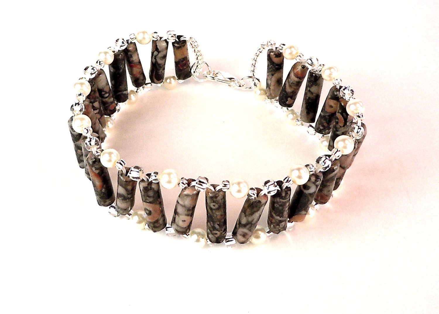 African Jasper Bracelet - Gemstone Bracelet - Cuff Bracelet - Pearl Bracelet - Seed Bead Bracelet