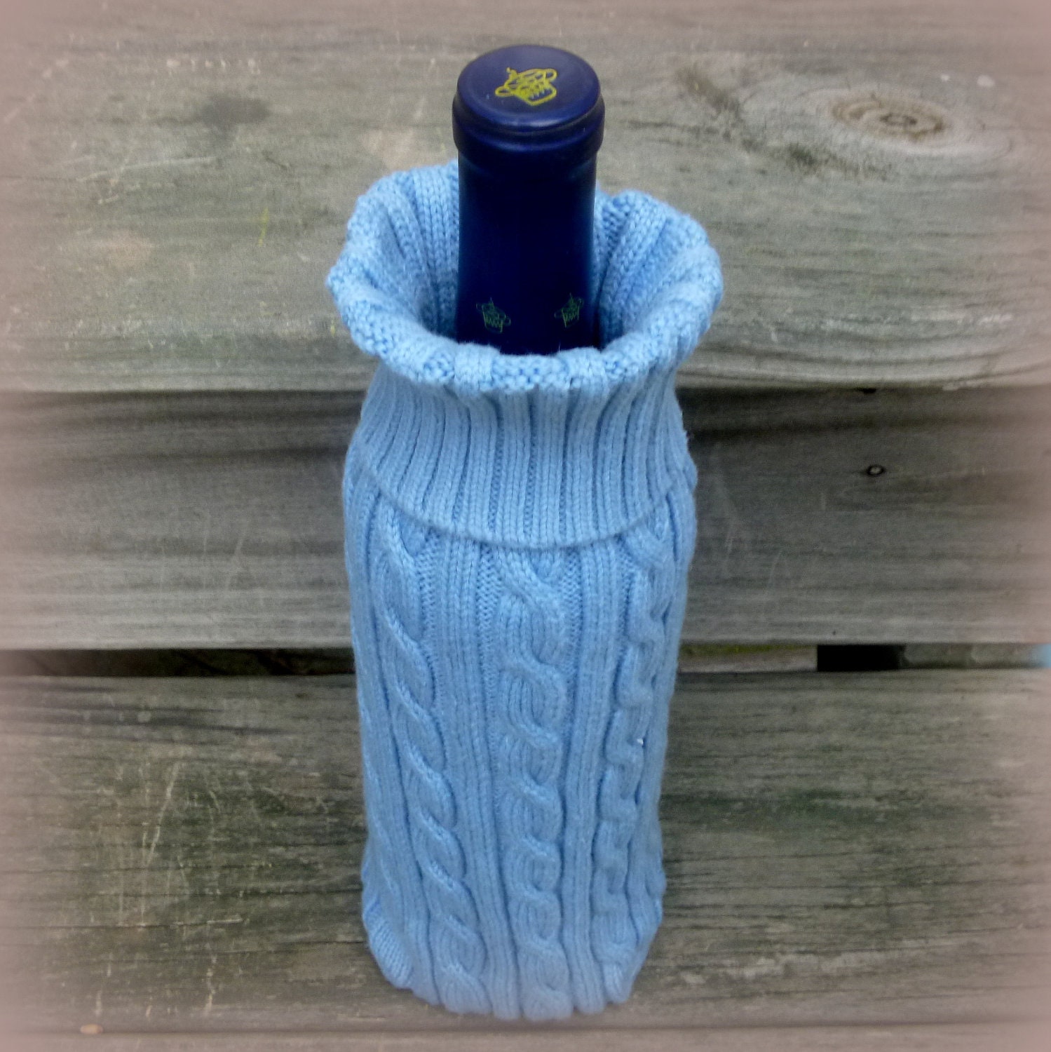 Pale Baby Blue Cable Knit Wine Sweater Sock Cozy Holiday Gift Idea from Repurposed Sweater
