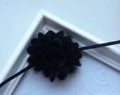 Black Satin and Tulle Flower attached to a Black Skinny Elastic Headband