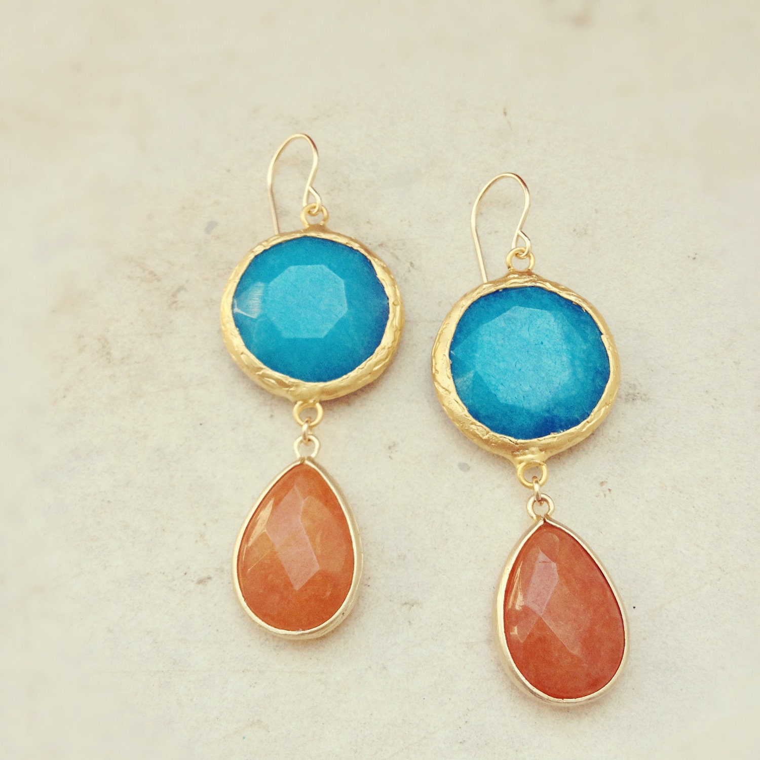 long  DUAL sky blue and orange drop stone  gemstone earrings textured matte golden frame gemstone earrings Israel