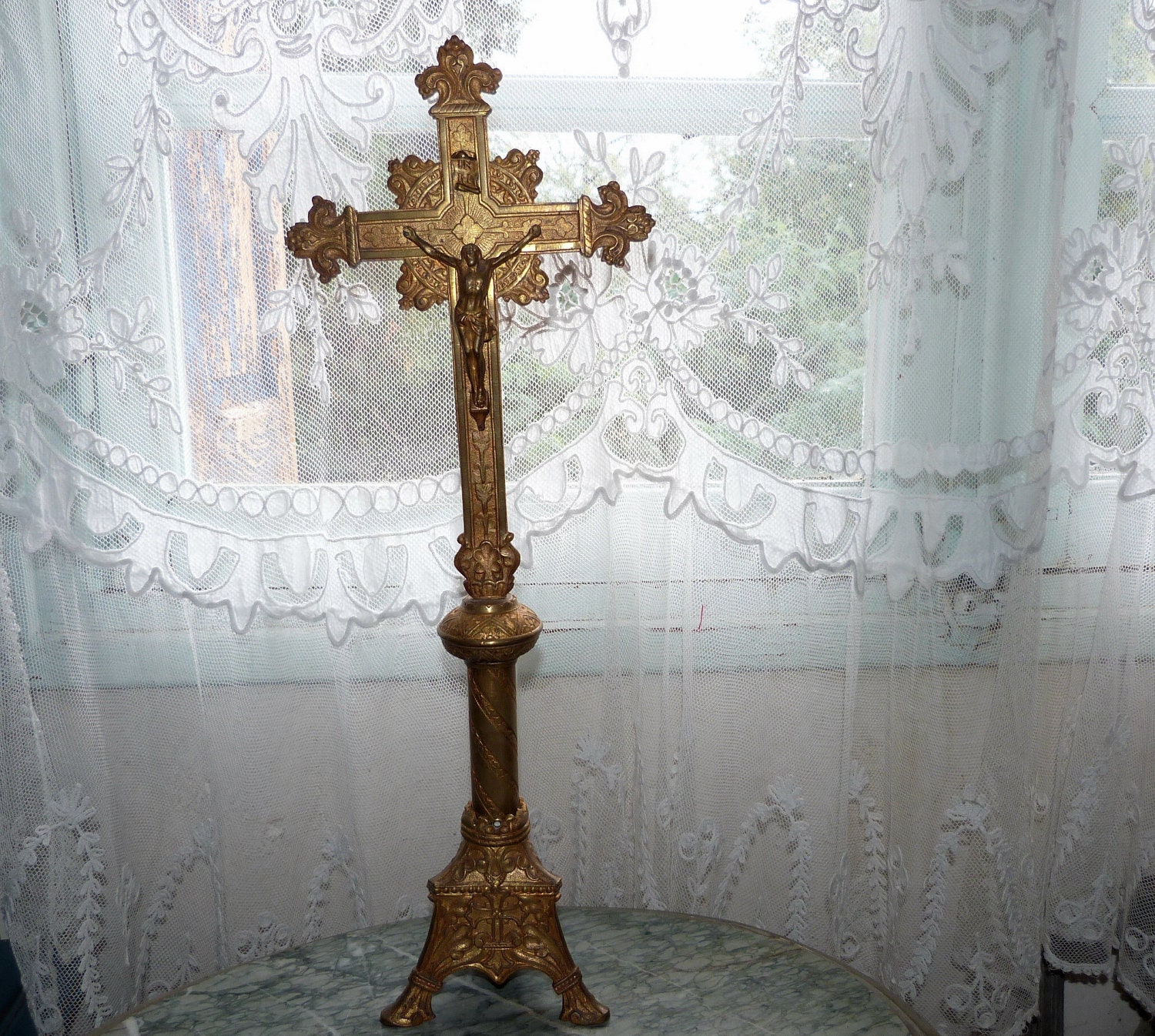 Antique altar crucifix cross large bronze by