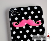 Iphone 4 Case, Pink Mustache Iphone case, Iphone 4 Hard Case, Black//white polka dot iphone 4/4S case