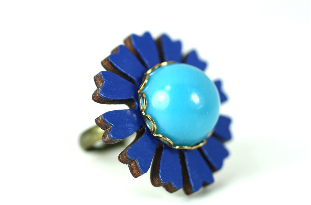 Mod Flower Ring Blue Hand Painted Wood