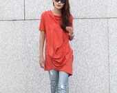 Lagenlook Casual And Relaxed Pullover Short Sleeved T-shirt Dress Top For Women in Orange - NC380