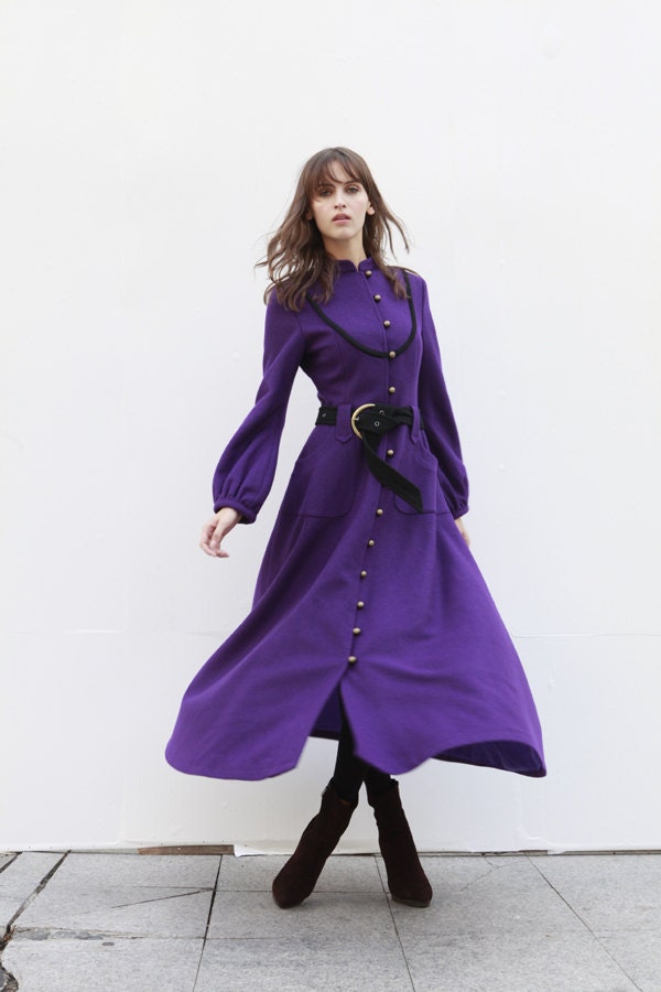 Violet Cashmere Coat Long Sleeve Wool Jacket Big Sweep Maxi Wool Winter Coat Long Dress Coat for Women /Fast Shipping- NC417