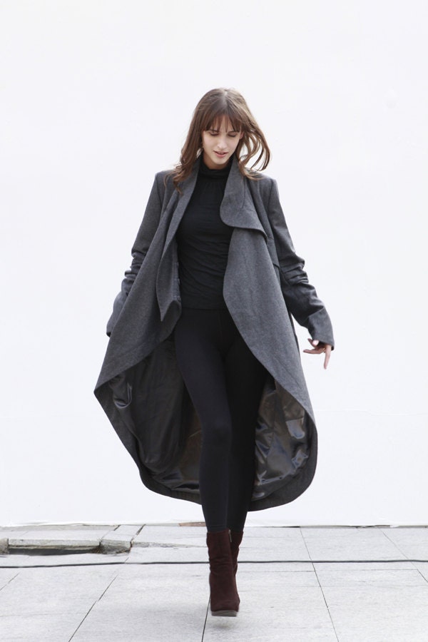 Dark Grey Coat Bud Cashmere Coat Long Wool Coat Winter Coat Long Sleeve Coat Jacket for Women - NC422
