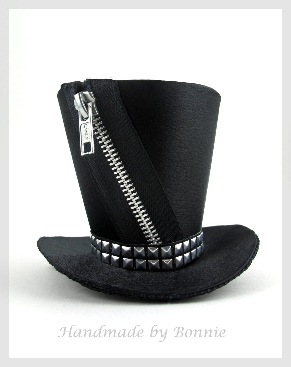 Tiny Top Hat - black satin with zipper and studs - Mini Top Hat