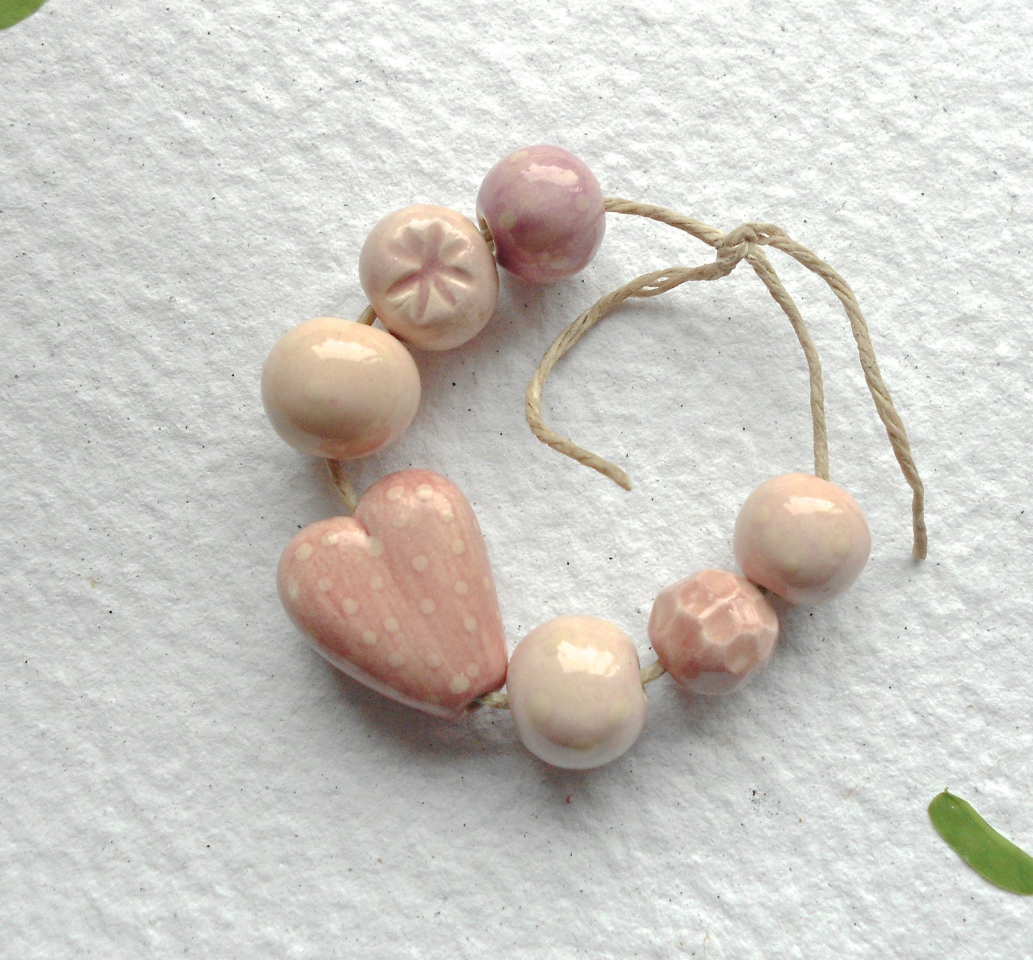 Handmade Ceramic Beads with Heart in Polka Dot Colourwashed Pinks