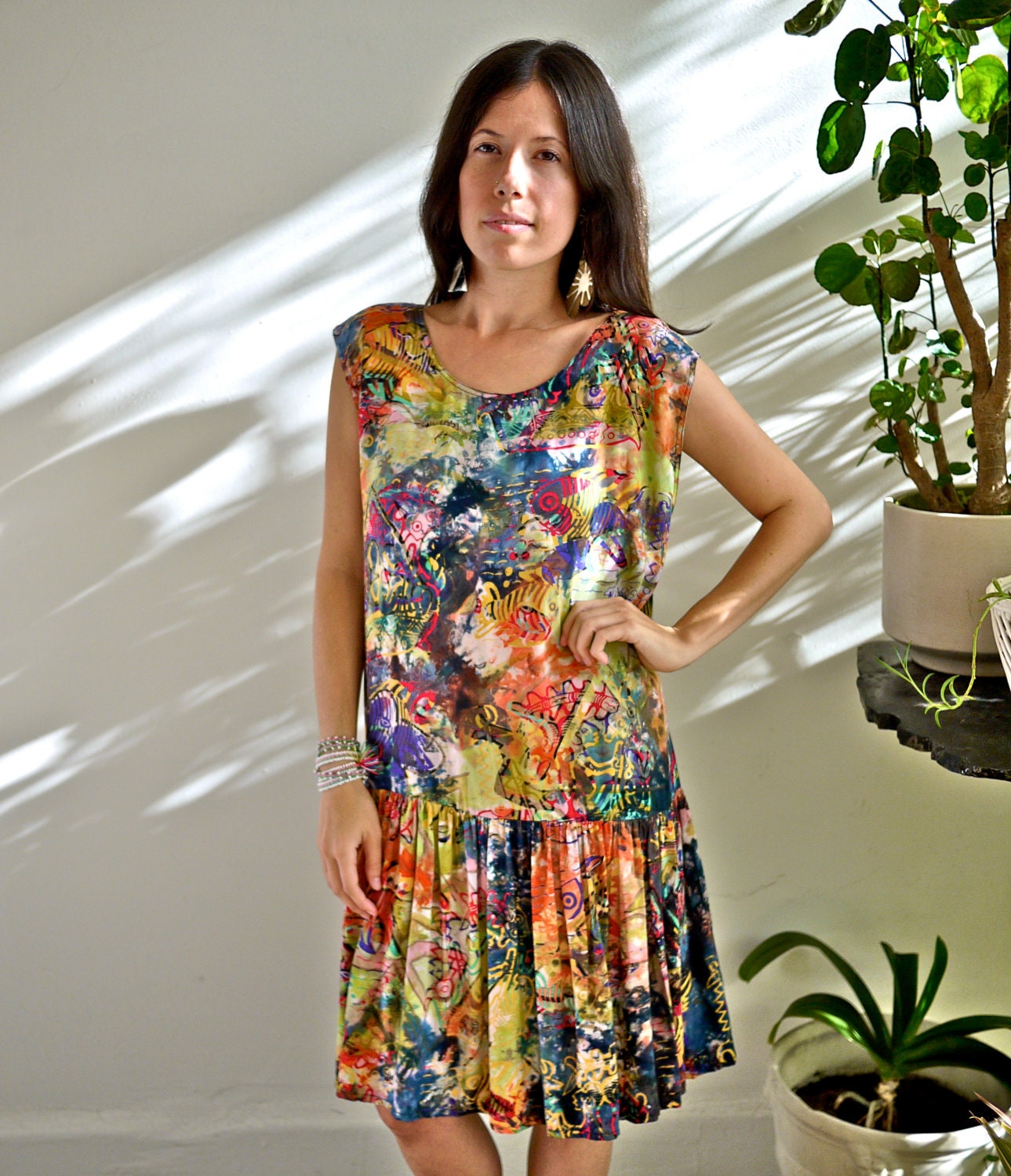 Rainbow Batik Abstract Fish Rayon Dress