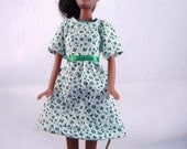Handmade Barbie Short Sleeve Dress with Ribbon Sash - White with Small Green Flowers - All Cotton