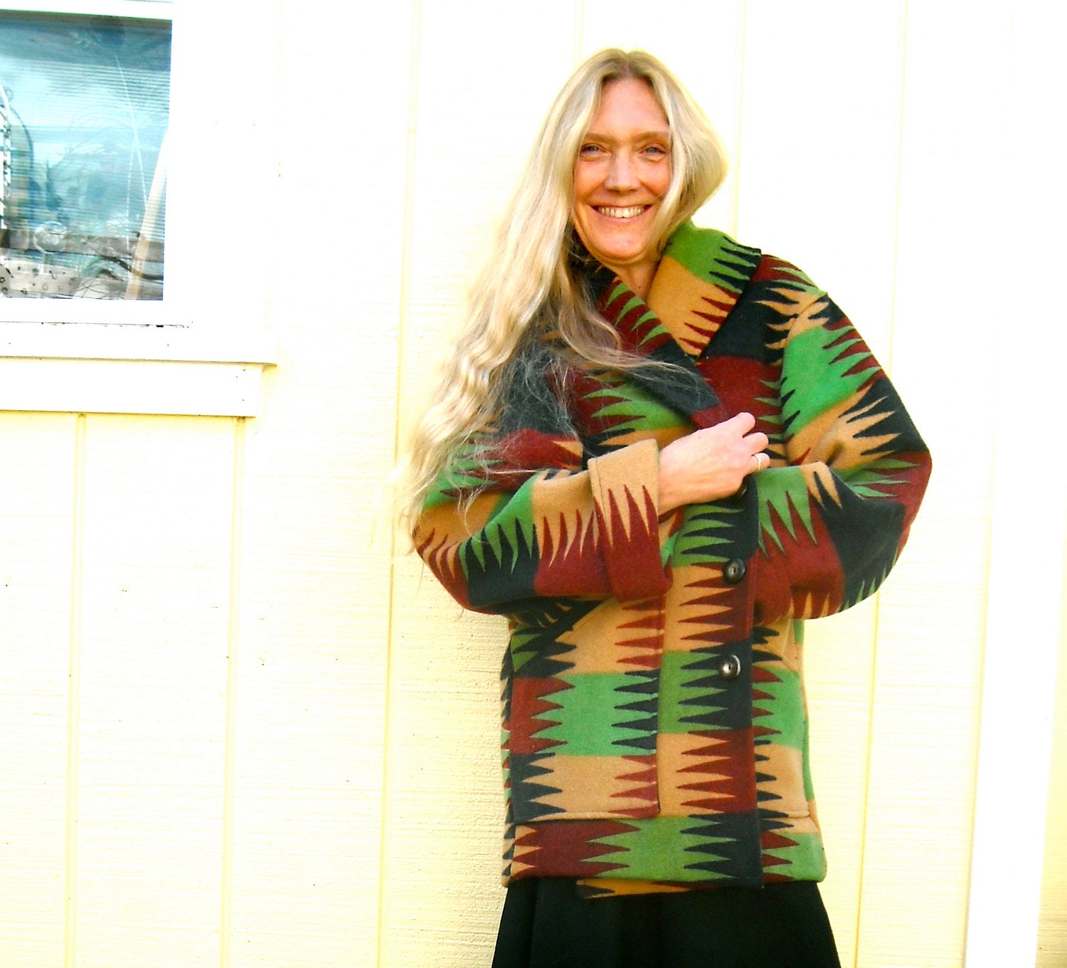 Vintage Blanket Wool Coat - Bold Red, Gold & Green SouthWestern 80's Navajo Tribal Women, Unizex Shawl Collar Jacket - Fully Lined