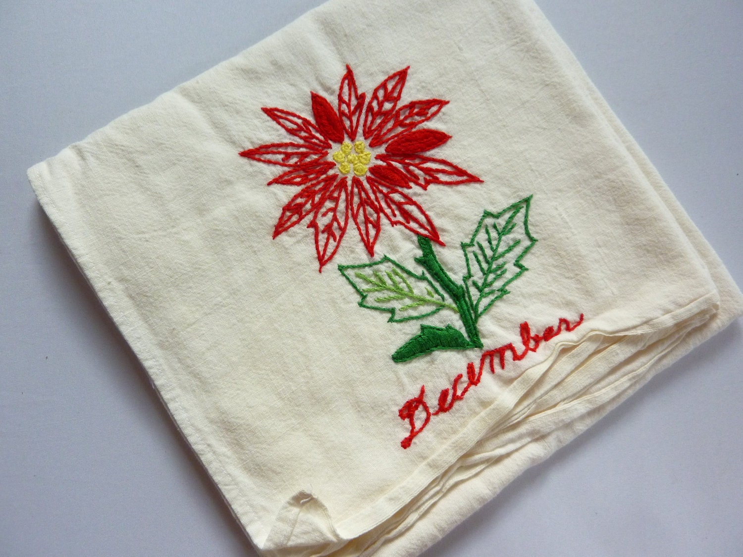 December Embroidered Flour Sack Towel - Vintage